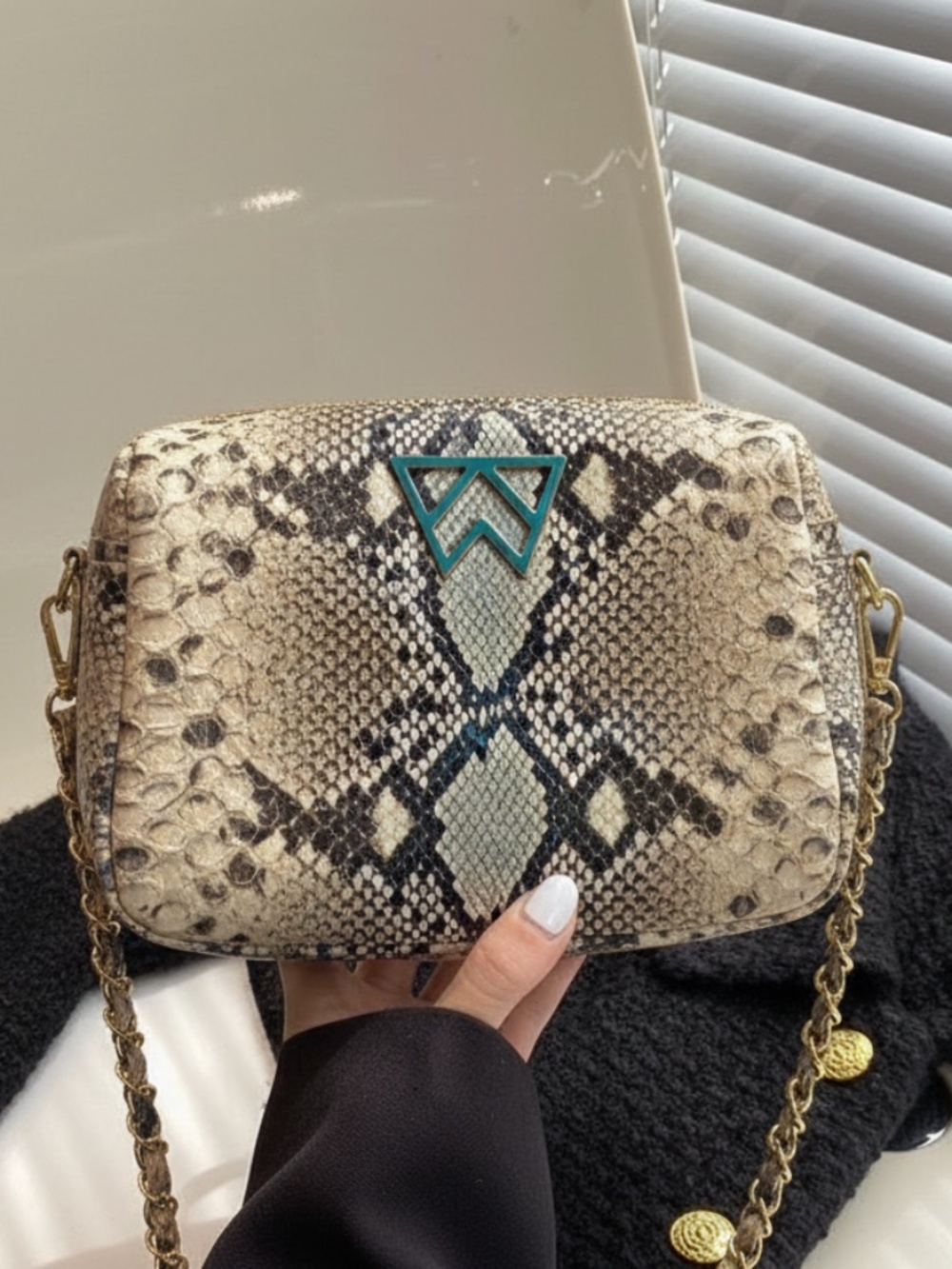 Kelly wynne Mingle Snakeskin crossbody bag W/gold chain & turquoise logo